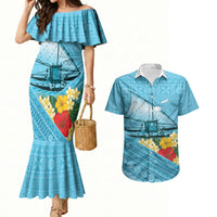 Personalised Bula Vinaka Fiji Drua Couples Matching Mermaid Dress and Hawaiian Shirt Fijian Traditional Canoe Tapa Cloth Blue LT14 Blue - Polynesian Pride