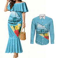 Personalised Bula Vinaka Fiji Drua Couples Matching Mermaid Dress and Long Sleeve Button Shirt Fijian Traditional Canoe Tapa Cloth Blue LT14 Blue - Polynesian Pride