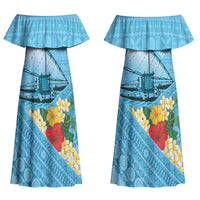 Personalised Bula Vinaka Fiji Drua Couples Matching Off Shoulder Maxi Dress and Hawaiian Shirt Fijian Traditional Canoe Tapa Cloth Blue LT14 - Polynesian Pride