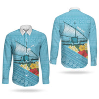 Personalised Bula Vinaka Fiji Drua Couples Matching Off Shoulder Maxi Dress and Long Sleeve Button Shirt Fijian Traditional Canoe Tapa Cloth Blue LT14 - Polynesian Pride