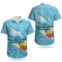 Personalised Bula Vinaka Fiji Drua Couples Matching Off The Shoulder Long Sleeve Dress and Hawaiian Shirt Fijian Traditional Canoe Tapa Cloth Blue LT14 - Polynesian Pride