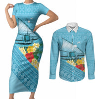 Personalised Bula Vinaka Fiji Drua Couples Matching Short Sleeve Bodycon Dress and Long Sleeve Button Shirt Fijian Traditional Canoe Tapa Cloth Blue LT14 Blue - Polynesian Pride