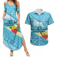 Personalised Bula Vinaka Fiji Drua Couples Matching Summer Maxi Dress and Hawaiian Shirt Fijian Traditional Canoe Tapa Cloth Blue LT14 Blue - Polynesian Pride