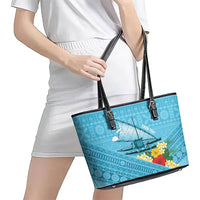 Personalised Bula Vinaka Fiji Drua Leather Tote Bag Fijian Traditional Canoe Tapa Cloth Blue