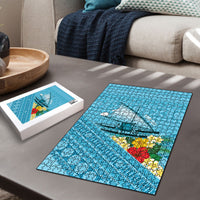 Personalised Bula Vinaka Fiji Drua Puzzle Fijian Traditional Canoe Tapa Cloth Blue