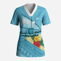 Personalised Bula Vinaka Fiji Drua Scrub Top Fijian Traditional Canoe Tapa Cloth Blue