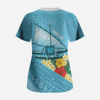 Personalised Bula Vinaka Fiji Drua Scrub Top Fijian Traditional Canoe Tapa Cloth Blue