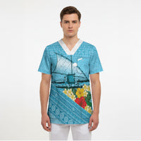 Personalised Bula Vinaka Fiji Drua Scrub Top Fijian Traditional Canoe Tapa Cloth Blue