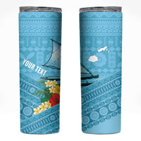 Personalised Bula Vinaka Fiji Drua Skinny Tumbler Fijian Traditional Canoe Tapa Cloth Blue