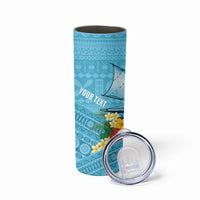 Personalised Bula Vinaka Fiji Drua Skinny Tumbler Fijian Traditional Canoe Tapa Cloth Blue