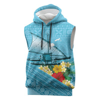 Personalised Bula Vinaka Fiji Drua Sleeveless Hoodie Fijian Traditional Canoe Tapa Cloth Blue