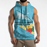 Personalised Bula Vinaka Fiji Drua Sleeveless Hoodie Fijian Traditional Canoe Tapa Cloth Blue