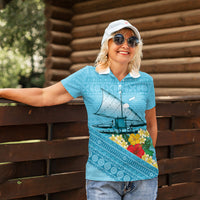 Personalised Bula Vinaka Fiji Drua Women Polo Shirt Fijian Traditional Canoe Tapa Cloth Blue