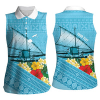 Personalised Bula Vinaka Fiji Drua Women Sleeveless Polo Shirt Fijian Traditional Canoe Tapa Cloth Blue