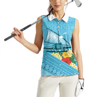Personalised Bula Vinaka Fiji Drua Women Sleeveless Polo Shirt Fijian Traditional Canoe Tapa Cloth Blue
