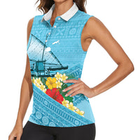 Personalised Bula Vinaka Fiji Drua Women Sleeveless Polo Shirt Fijian Traditional Canoe Tapa Cloth Blue