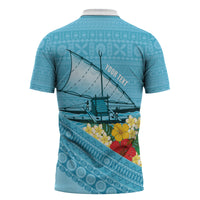 Personalised Bula Vinaka Fiji Drua Zipper Polo Shirt Fijian Traditional Canoe Tapa Cloth Blue