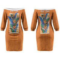 Aloha Hawaii Pua Manu Couples Matching Off The Shoulder Long Sleeve Dress and Long Sleeve Button Shirt Hawaiian Bird of Paradise Flowers Stylized Stamp LT14 - Polynesian Pride