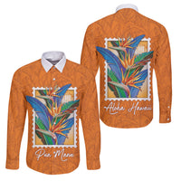 Aloha Hawaii Pua Manu Family Matching Tank Maxi Dress and Hawaiian Shirt Hawaiian Bird of Paradise Flowers Stylized Stamp LT14 Dad's Shirt - Long Sleeve Orange - Polynesian Pride