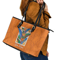 Aloha Hawaii Pua Manu Leather Tote Bag Hawaiian Bird of Paradise Flowers Stylized Stamp
