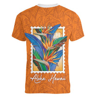 Aloha Hawaii Pua Manu Women V-Neck T-Shirt Hawaiian Bird of Paradise Flowers Stylized Stamp