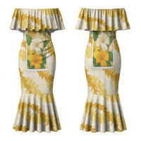 Aloha Hawaii Puakenikeni Family Matching Mermaid Dress and Hawaiian Shirt Hawaiian Lei Palaka Motifs Stylized Stamp LT14 Mom's Dress Yellow - Polynesian Pride