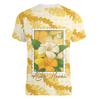 Aloha Hawaii Puakenikeni Women V-Neck T-Shirt Hawaiian Lei Palaka Motifs Stylized Stamp