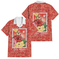 Aloha Hawaii Pua Aloalo Family Matching Off Shoulder Maxi Dress and Hawaiian Shirt Hawaiian Hibiscus Flowers Stylized Stamp LT14 Dad's Shirt - Short Sleeve Red - Polynesian Pride
