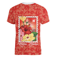 Aloha Hawaii Pua Aloalo Women V-Neck T-Shirt Hawaiian Hibiscus Flowers Stylized Stamp