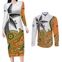 Custom Fiji And Australia Rugby Couples Matching Long Sleeve Bodycon Dress and Long Sleeve Button Shirt Fijian Palm Tree Mix Aussie Kangaroo LT14 Gold - Polynesian Pride