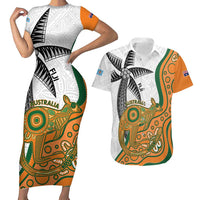 Custom Fiji And Australia Rugby Couples Matching Short Sleeve Bodycon Dress and Hawaiian Shirt Fijian Palm Tree Mix Aussie Kangaroo LT14 Gold - Polynesian Pride
