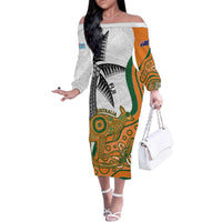 Custom Fiji And Australia Rugby Family Matching Off The Shoulder Long Sleeve Dress and Hawaiian Shirt Fijian Palm Tree Mix Aussie Kangaroo LT14 Mom's Dress Gold - Polynesian Pride