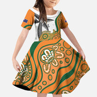 Custom Fiji And Australia Rugby Family Matching Off Shoulder Maxi Dress and Hawaiian Shirt Fijian Palm Tree Mix Aussie Kangaroo LT14 Daughter's Dress Gold - Polynesian Pride
