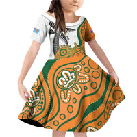 Custom Fiji And Australia Rugby Family Matching Off Shoulder Short Dress and Hawaiian Shirt Fijian Palm Tree Mix Aussie Kangaroo LT14 Daughter's Dress Gold - Polynesian Pride