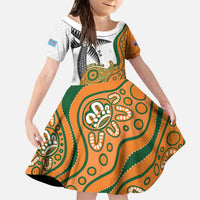 Custom Fiji And Australia Rugby Family Matching Puletasi and Hawaiian Shirt Fijian Palm Tree Mix Aussie Kangaroo LT14 Daughter's Dress Gold - Polynesian Pride