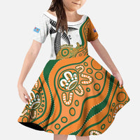 Custom Fiji And Australia Rugby Family Matching Summer Maxi Dress and Hawaiian Shirt Fijian Palm Tree Mix Aussie Kangaroo LT14 Daughter's Dress Gold - Polynesian Pride
