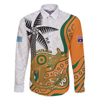 Custom Fiji And Australia Rugby Family Matching Tank Maxi Dress and Hawaiian Shirt Fijian Palm Tree Mix Aussie Kangaroo LT14 Dad's Shirt - Long Sleeve Gold - Polynesian Pride