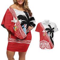 Fiji and Tonga Rugby Custom Couples Matching Off Shoulder Short Dress and Hawaiian Shirt Flying Fijians Ikale Tahi Together Pacific LT14 Red - Polynesian Pride
