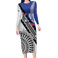 Fiji an Samoa Rugby Custom Family Matching Long Sleeve Bodycon Dress and Hawaiian Shirt Flying Fijians Manu Samoa Together Pacific LT14 Mom's Dress Blue - Polynesian Pride