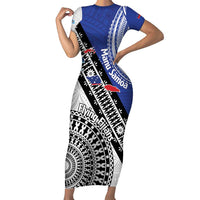 Fiji an Samoa Rugby Custom Family Matching Short Sleeve Bodycon Dress and Hawaiian Shirt Flying Fijians Manu Samoa Together Pacific LT14 Mom's Dress Blue - Polynesian Pride