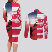 USA and Japan Rugby Custom Couples Matching Long Sleeve Bodycon Dress and Long Sleeve Button Shirt Eagles Brave Blossoms Together Pacific - Polynesian Pride