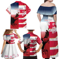 USA and Japan Rugby Custom Family Matching Off Shoulder Maxi Dress and Hawaiian Shirt Eagles Brave Blossoms Together Pacific LT14 - Polynesian Pride