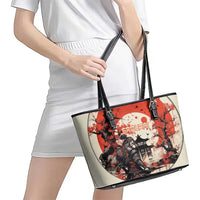 Samurai Warrior Japan Leather Tote Bag Red-blossomed Tree Classic Japanese Stylized - Polynesian Pride