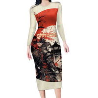 Samurai Warrior Japan Long Sleeve Bodycon Dress Red-blossomed Tree Classic Japanese Stylized - Polynesian Pride