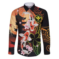 Hawaiian and Japanese Family Matching Mermaid Dress and Hawaiian Shirt Koi Fish With Kanaka Polynesian Tattoo LT14 Dad's Shirt - Long Sleeve Black - Polynesian Pride