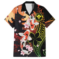 Hawaiian and Japanese Family Matching Off The Shoulder Long Sleeve Dress and Hawaiian Shirt Koi Fish With Kanaka Polynesian Tattoo LT14 Dad's Shirt - Short Sleeve Black - Polynesian Pride