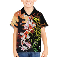 Hawaiian and Japanese Family Matching Off Shoulder Maxi Dress and Hawaiian Shirt Koi Fish With Kanaka Polynesian Tattoo LT14 Son's Shirt Black - Polynesian Pride