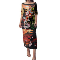 Hawaiian and Japanese Family Matching Puletasi and Hawaiian Shirt Koi Fish With Kanaka Polynesian Tattoo LT14 Mom's Dress Black - Polynesian Pride