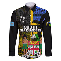 Personalised South Sea Islanders Family Matching Off Shoulder Short Dress and Hawaiian Shirt Kanakas With Fiji Coat Of Arms LT14 Dad's Shirt - Long Sleeve Black - Polynesian Pride