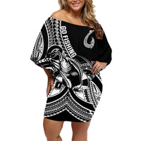 Personalised Polynesia Family Matching Off Shoulder Short Dress and Hawaiian Shirt Fish Hook Tattoo Go Fishing Polynesian Pattern Black LT14 Mom's Dress Black - Polynesian Pride